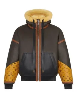 Front view of the Mary J. Blige Power Book II Ghost Brown Jacket. This hooded shearling leather jacket, inspired by Monet Tejada, shows the full-zip front, black pocket detail, and logo-patterned sleeves.