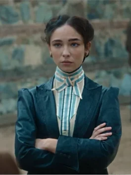 Detailed shot of the lapels and tailored bodice on The Law According to Lidia Poet Leather Coat.