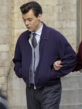 Front view of the My Policeman Tom Burgess Purple Jacket featuring a classic zipper closure and pointed collar.