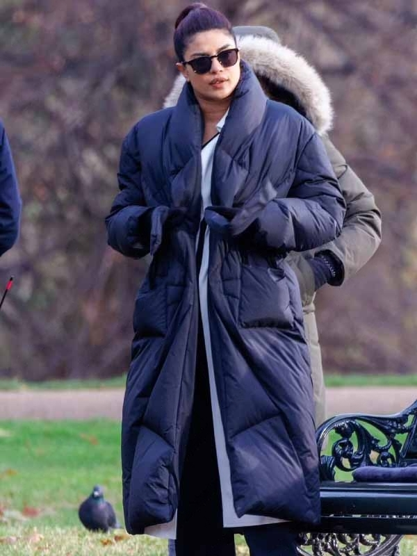 Front view of the Citadel 2023 Nadia Sinh Puffer Coat showcasing its quilted pattern and long sleeves.