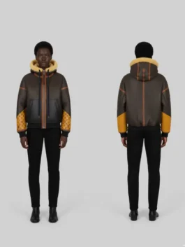 Front and back view of the Power Book II Ghost Mary J. Blige Shearling Leather Jacket, a brown hooded jacket with yellow shearling lining and monogram sleeves, as seen on Monet Tejada.