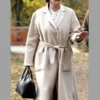Marcia Gay Harden So Help Me Todd Margaret Beige Wrap Coat featuring a sophisticated waist tie and wide lapels.