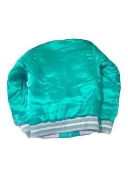 Front view of a 90’s Philadelphia Eagles Green Bomber Jacket featuring a satin finish and team logo.