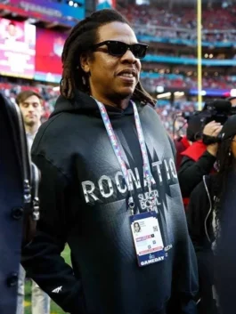 Front view of the Super Bowl LVII 2023 Jay-Z Hoodie featuring large white text and starburst graphics.