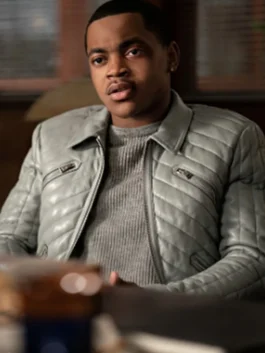 Front view of the Tariq St Patrick Power Book II Ghost S02 Michael Rainey Jr. Grey Leather Jacket with quilted paneling.