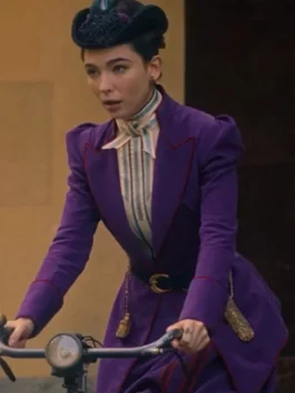 Matilda De Angelis as Lidia Poët wearing a Victorian purple coat with puffed sleeves.