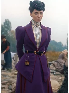 High-quality recreation of the Lidia Poët purple wool-blend coat for women.