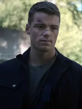 Close-up of The Night Agent 2023 Peter Sutherland Black Jacket showing the durable fabric and front button closure.