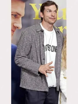 Front view of the lightweight Your Place or Mine Ashton Kutcher Grey Jacket featuring a shirt-style collar.