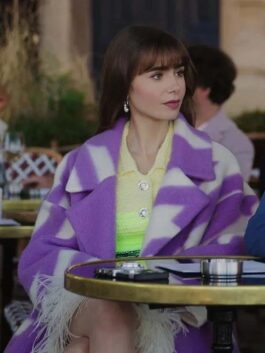 Lily Collins Emily In Paris Purple and White Coat