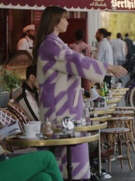 Lily Collins Emily In Paris Purple and White Coat