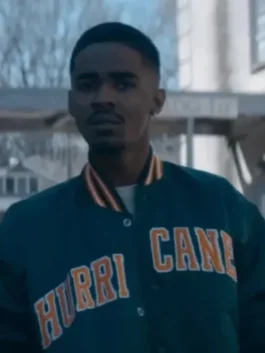 Men's dark green varsity bomber jacket with orange and white striped ribbing