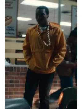 Vibrant yellow urban pullover jacket featuring a spacious front pocket and adjustable hood