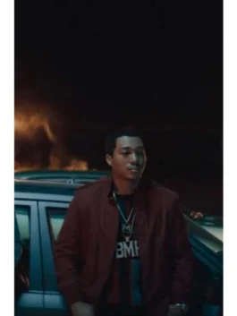 Men's deep maroon bomber jacket with a soft textured finish