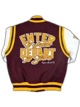 Back view of the Bethune-Cookman University varsity jacket in maroon and gold.
