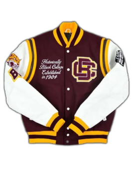 Bethune-Cookman Wildcats letterman jacket featuring "Enter to Learn Depart to Serve" embroidery.