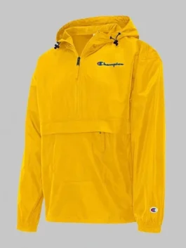 Men's bright yellow lightweight hooded windbreaker with a front quarter-zip closure