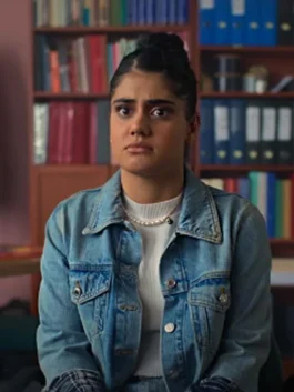 Women's classic light blue denim jacket with buttoned chest pockets and a folded collar.