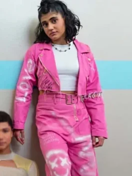Full look of Heartbreak High Amerie Wadia Pink Jacket and matching pink amerie wadia outfits pants. Distressed biker style, white crop top.