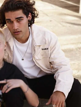 Men's off-white lightweight cotton jacket featuring a shirt-style collar and chest pocket details.