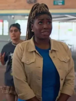 Women's classic tan cotton trucker jacket with button-down front and pointed collar.