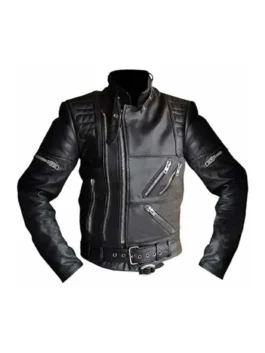Men's black leather biker jacket featuring multiple silver zippers and a belted waist.