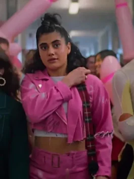 Amerie Wadia Pink Jacket from Heartbreak High, worn by the character Amerie in a hallway. Shows the hand-painted, cropped, and frayed style.