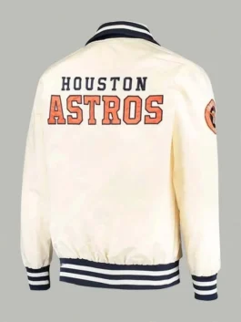 Houston Astros cream zipper starter jacket with navy striped collar and team logo.