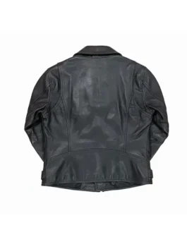 Rear view of the Jessica Davis 13 Reasons Why S04 black leather jacket by America Jackets, showing the premium real leather grain and tailored stitching.