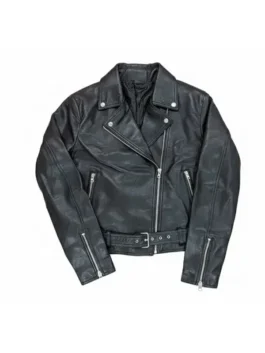 Front view of the Alisha Boe black leather jacket featuring a notch lapel collar, zippered cuffs, and a waist belt for an authentic biker aesthetic.