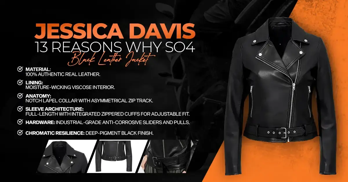 An infographic of the Jessica Davis 13 Reasons Why S04 Black Leather Jacket featuring a notch lapel collar, asymmetrical zip, and belted waist.