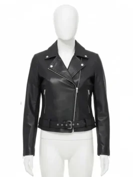 The 13 Reasons Why S04 black leather jacket displayed on a mannequin, highlighting the sleek fit, inner viscose lining, and functional zipper closure.