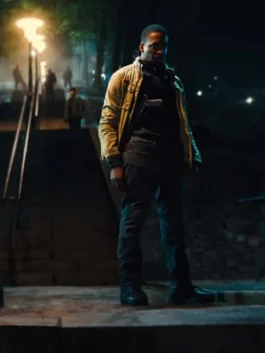 Men's rugged olive green utility jacket with a high-neck collar