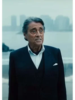 Men's formal black blazer with a sharp tailored fit and pocket square