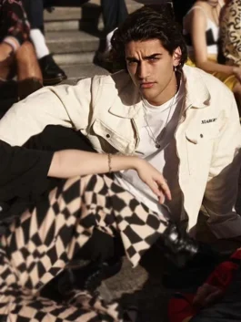 Josh Heuston as Dusty Reid wearing a white XLARGE branded cotton jacket in Heartbreak High.