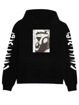 Naruto anime hoodie featuring a side pose manga graphic of Kakashi Hatake on the front and white Japanese text art on both sleeves.