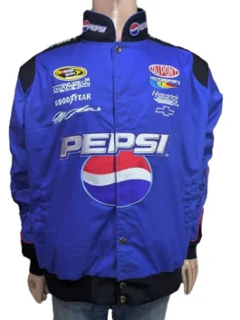 Front view of the blue Pepsi JG Racing Jacket with snap buttons from America Jackets.