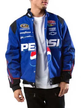 Detailed view of the snap-button closure on the Pepsi JG Racing Jacket at America Jackets.