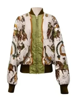 Emily in Paris Horse Jacket shown from the front on Emily Cooper in a colorful outdoor scene.