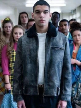 Sex Education S02 Sami Outalbali Distressed Grey Leather Jacket