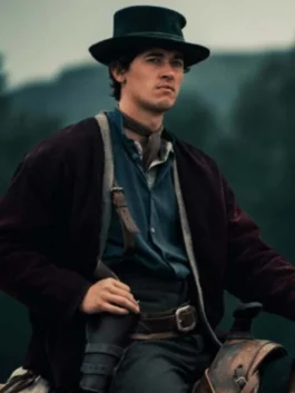 Actor Tom Blyth wearing the Billy the Kid Tom Blyth Jacket while riding a horse, showcasing the authentic Western outlaw style of William H. Bonney.