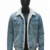 Erik Killmonger Shearling Denim Jacket on a black mannequin from Black Panther. This blue Killmonger jean jacket features a white shearling lining, a key piece of Killmonger jacket apparel.
