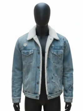 Erik Killmonger Shearling Denim Jacket on a black mannequin from Black Panther. This blue Killmonger jean jacket features a white shearling lining, a key piece of Killmonger jacket apparel.