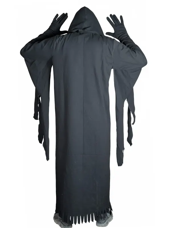 Rear view of a full-length black hooded robe costume featuring long draped sleeves with shredded streamer detailing and a jagged tattered hemline.