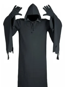 Close-up front view of a black hooded costume robe with an unlit hood interior, showing matching gloves on raised hands and wide hanging sleeves.