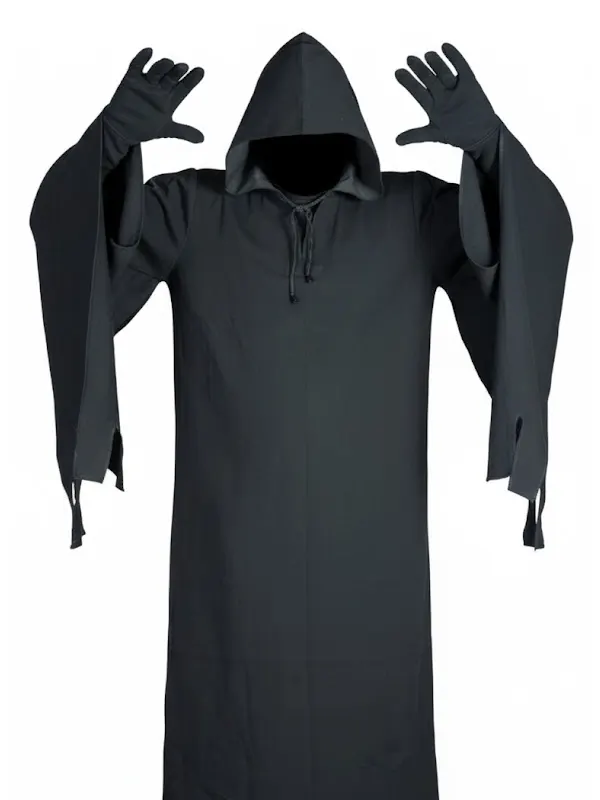 Close-up front view of a black hooded costume robe with an unlit hood interior, showing matching gloves on raised hands and wide hanging sleeves.