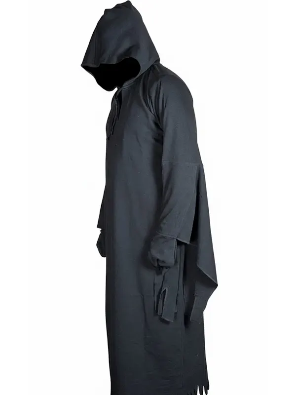 Left side profile view of a full-length black hooded robe costume showing the shape of the pointed hood and layered sleeve streamers.