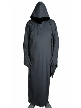 Front view of an all-black hooded robe costume with a drawstring neck closure, long hanging sleeve panels, and a frayed hemline.