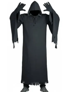 Full-length front view of a black hooded costume robe with raised gloved hands, wide draped sleeves, and a shredded lower hemline.
