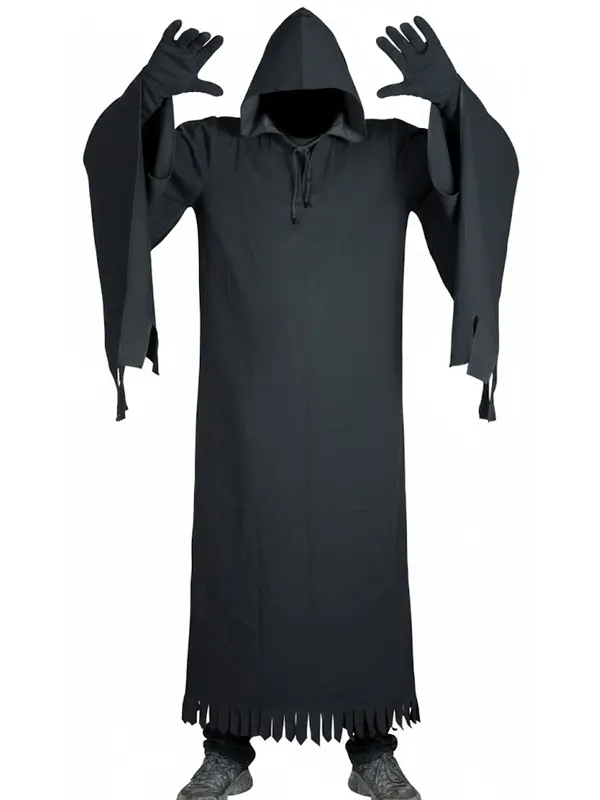 Full-length front view of a black hooded costume robe with raised gloved hands, wide draped sleeves, and a shredded lower hemline.